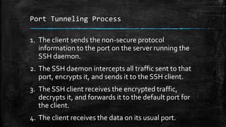 Port Tunneling Process
1. The client sends the non-secure protocol
information to the port on the server running the
SSH daemon.
2. The SSH daemon intercepts all traffic sent to that
port, encrypts it, and sends it to the SSH client.
3. The SSH client receives the encrypted traffic,
decrypts it, and forwards it to the default port for
the client.
4. The client receives the data on its usual port.
 