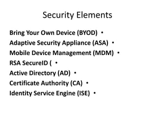 Security Elements
•Bring Your Own Device (BYOD)
•Adaptive Security Appliance (ASA)
•Mobile Device Management (MDM)
•RSA SecureID (
•Active Directory (AD)
•Certificate Authority (CA)
•Identity Service Engine (ISE)
 