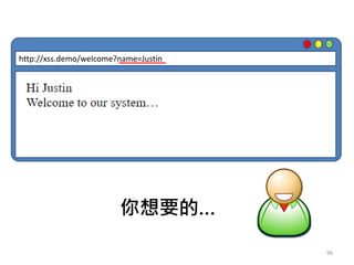 96
http://xss.demo/welcome?name=Justin
你想要的…
 