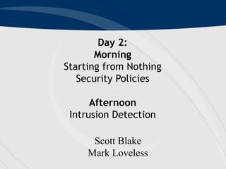 BindView
BindView
BindView
BindView
BindView
BindView
Scott Blake
Mark Loveless
Day 2:
Morning
Starting from Nothing
Security Policies
Afternoon
Intrusion Detection
 