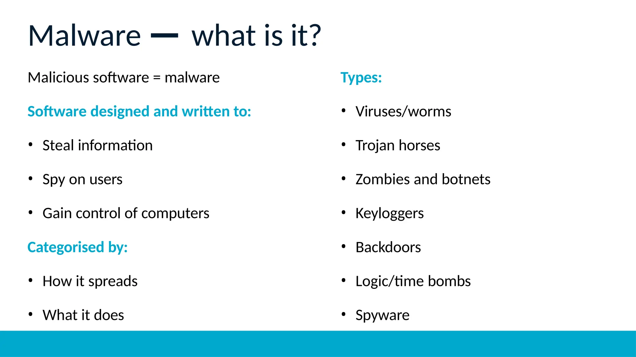 Malicious software = malware
Software designed and written to:
• Steal information
• Spy on users
• Gain control of computers
Categorised by:
• How it spreads
• What it does
Types:
• Viruses/worms
• Trojan horses
• Zombies and botnets
• Keyloggers
• Backdoors
• Logic/time bombs
• Spyware
Malware — what is it?
 