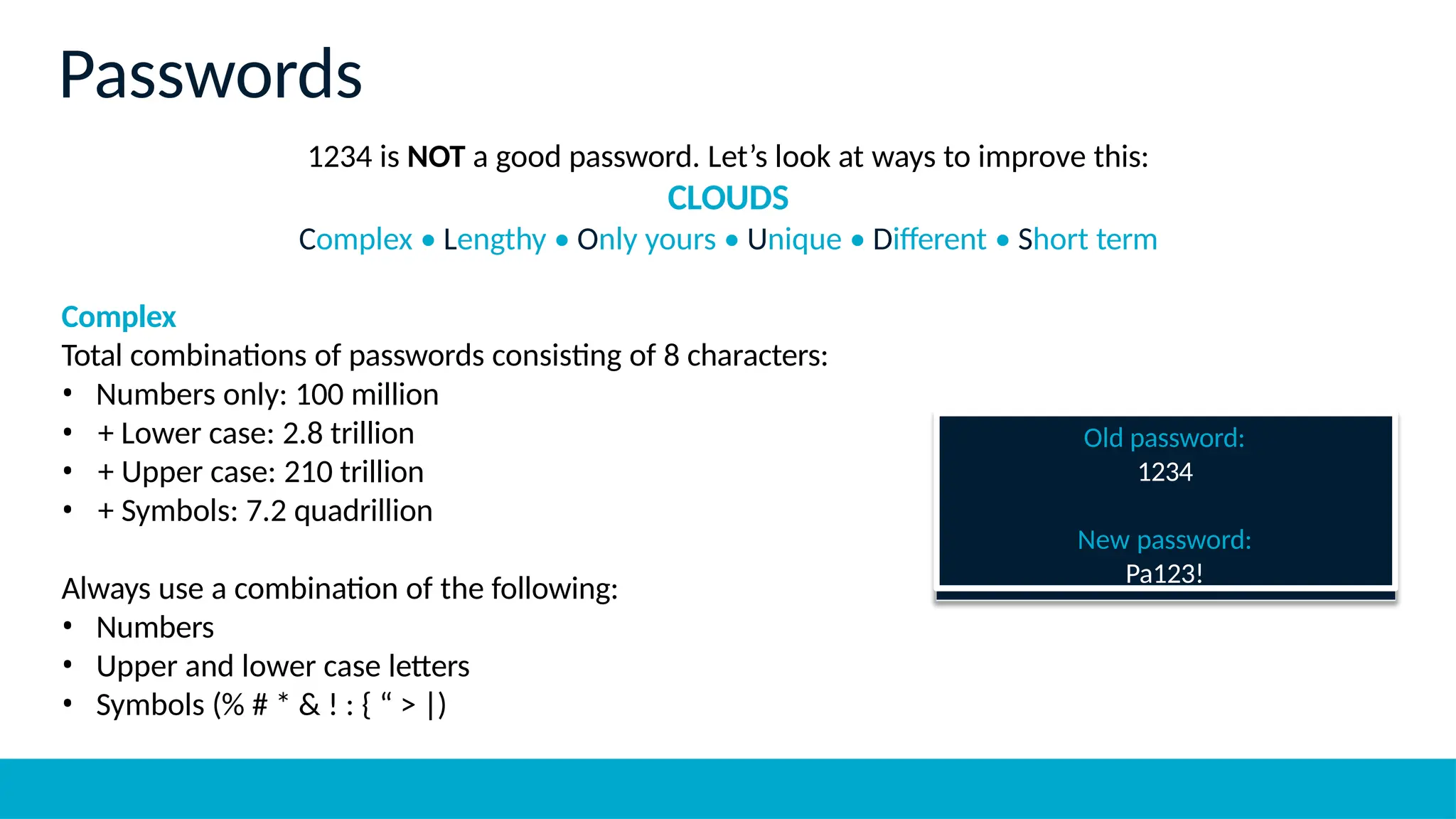 1234 is NOT a good password. Let’s look at ways to improve this:
CLOUDS
Complex • Lengthy • Only yours • Unique • Different • Short term
Complex
Total combinations of passwords consisting of 8 characters:
• Numbers only: 100 million
• + Lower case: 2.8 trillion
• + Upper case: 210 trillion
• + Symbols: 7.2 quadrillion
Always use a combination of the following:
• Numbers
• Upper and lower case letters
• Symbols (% # * & ! : { “ > |)
Old password:
1234
New password:
Pa123!
Passwords
 