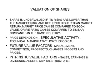 VALUATION OF SHARES
• SHARE IS UNDERVALUED IF ITS RISKS ARE LOWER THAN
THE MARKEET RISK, AND RETURN IS HIGHER THAN MARKET
RETURN.MARKET PRICE CAN BE COMPARED TO BOOK
VALUE, OR P/E RATIO CAN BE COMPARED TO SIMILAR
COMPANIES IN THE SAME INDUSTRY.
• PRICE DEPENDS ON – SPECULATIVE ACTIVITY–
TECHNICAL, MANIPULATIVE, PSYCHOLOGICAL
• FUTURE VALUE FACTORS– MANAGEMENT,
COMPETITION, PROSPECTS, CHANGES IN COSTS AND
PRICES.
• INTRINSTIC VALUE FACTORS – SALES, EARNINGS &
DIVIDENDS, ASSETS, CAPITAL STRUCTURE..
 