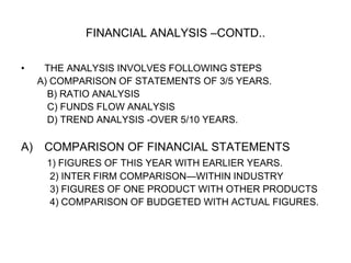 FINANCIAL ANALYSIS –CONTD..
• THE ANALYSIS INVOLVES FOLLOWING STEPS
A) COMPARISON OF STATEMENTS OF 3/5 YEARS.
B) RATIO ANALYSIS
C) FUNDS FLOW ANALYSIS
D) TREND ANALYSIS -OVER 5/10 YEARS.
A) COMPARISON OF FINANCIAL STATEMENTS
1) FIGURES OF THIS YEAR WITH EARLIER YEARS.
2) INTER FIRM COMPARISON—WITHIN INDUSTRY
3) FIGURES OF ONE PRODUCT WITH OTHER PRODUCTS
4) COMPARISON OF BUDGETED WITH ACTUAL FIGURES.
 