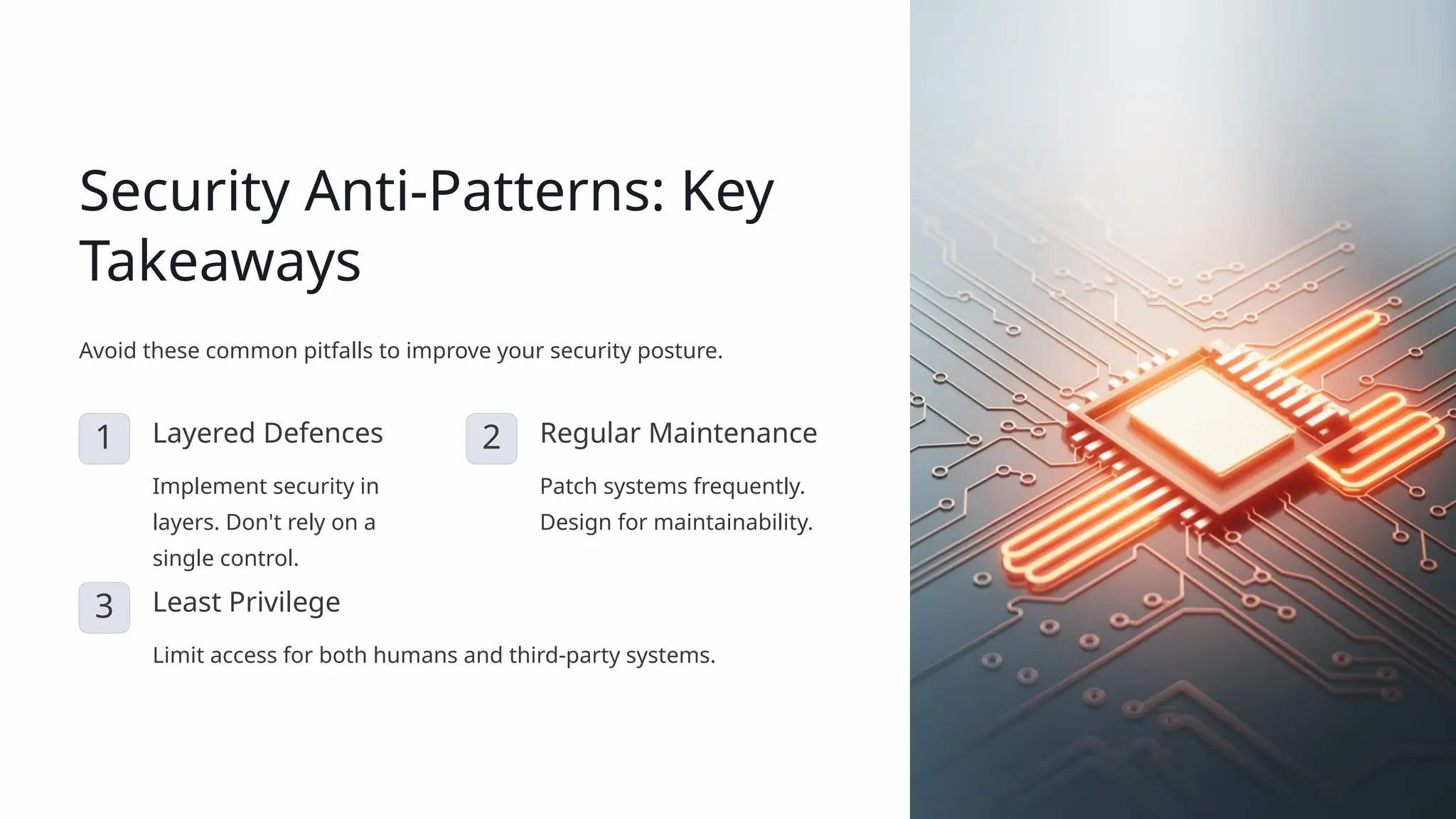 Security Anti-Patterns: Key
Takeaways
Avoid these common pitfalls to improve your security posture.
1 Layered Defences
Implement security in
layers. Don't rely on a
single control.
2 Regular Maintenance
Patch systems frequently.
Design for maintainability.
3 Least Privilege
Limit access for both humans and third-party systems.
 