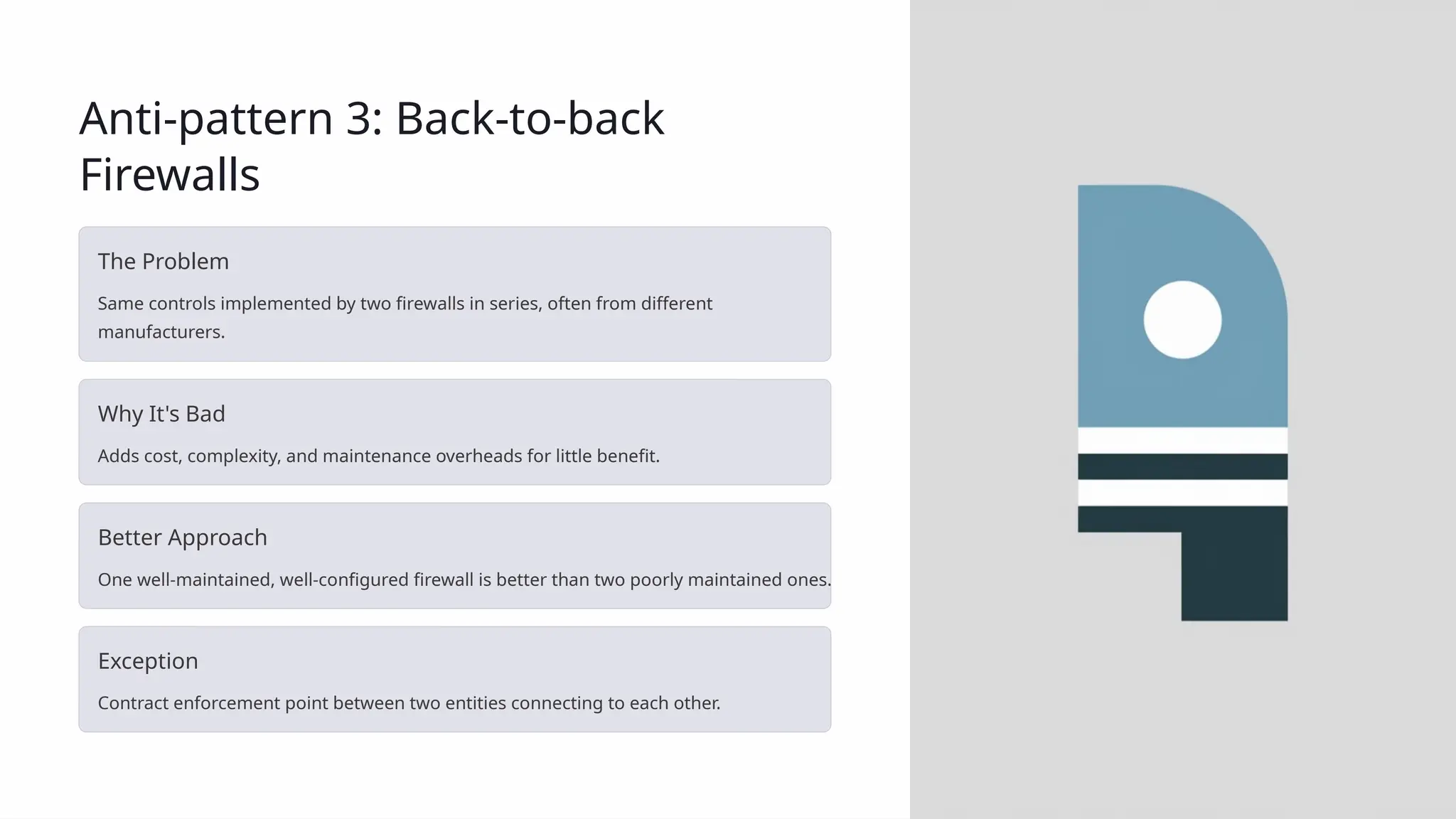 Anti-pattern 3: Back-to-back
Firewalls
The Problem
Same controls implemented by two firewalls in series, often from different
manufacturers.
Why It's Bad
Adds cost, complexity, and maintenance overheads for little benefit.
Better Approach
One well-maintained, well-configured firewall is better than two poorly maintained ones.
Exception
Contract enforcement point between two entities connecting to each other.
 