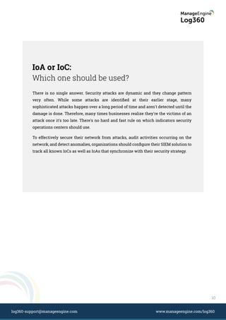 IoA or IoC:
Which one should be used?
There is no single answer. Security attacks are dynamic and they change pattern
very often. While some attacks are identiﬁed at their earlier stage, many
sophisticated attacks happen over a long period of time and aren't detected until the
damage is done. Therefore, many times businesses realize they're the victims of an
attack once it's too late. There's no hard and fast rule on which indicators security
operations centers should use.
To effectively secure their network from attacks, audit activities occurring on the
network, and detect anomalies, organizations should conﬁgure their SIEM solution to
track all known IoCs as well as IoAs that synchronize with their security strategy.
10
www.manageengine.com/log360log360-support@manageengine.com
 