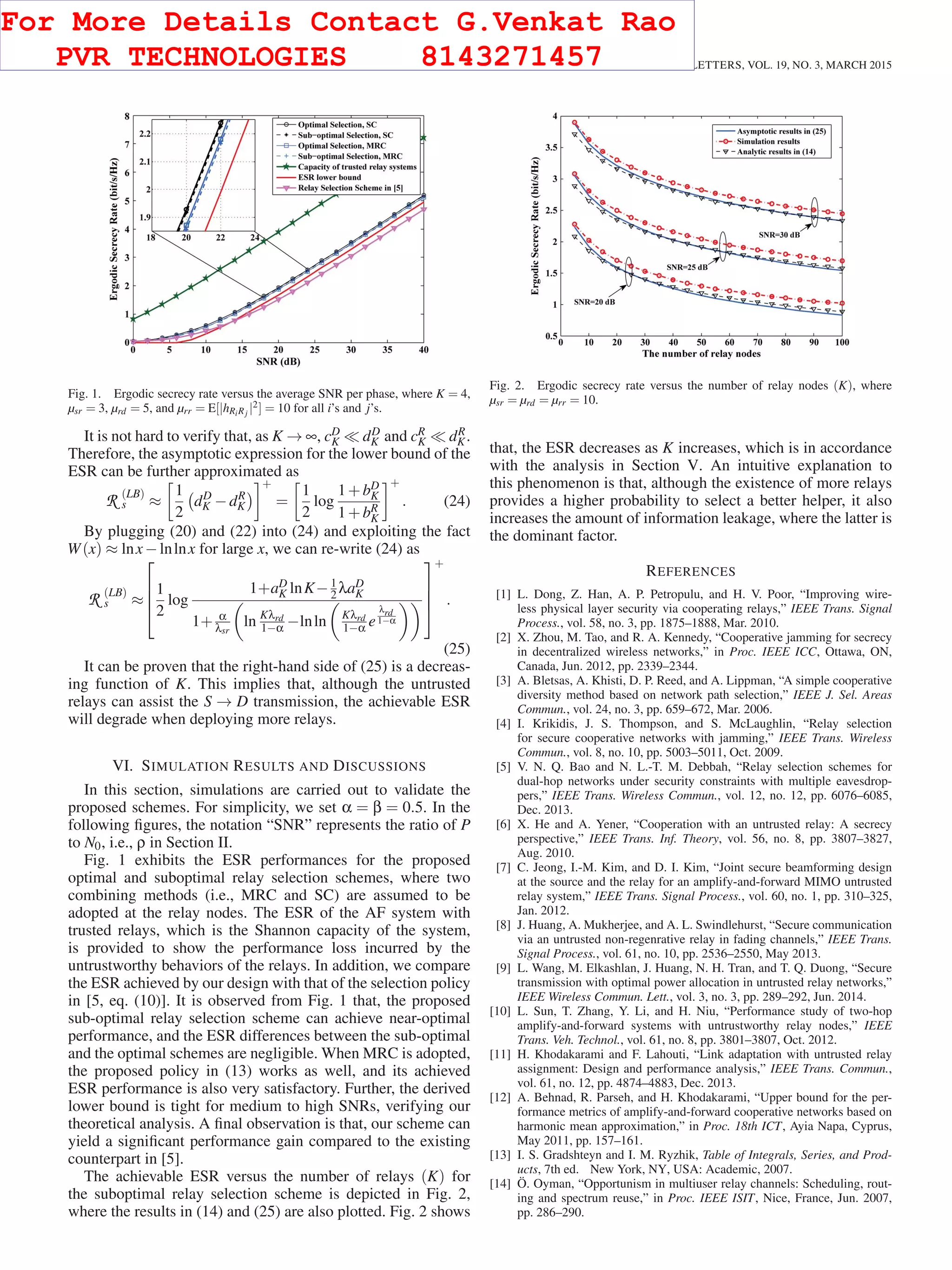 466 IEEE COMMUNICATIONS LETTERS, VOL. 19, NO. 3, MARCH 2015
Fig. 1. Ergodic secrecy rate versus the average SNR per phase, where K = 4,
µsr = 3, µrd = 5, and µrr = E[|hRiRj |2] = 10 for all i’s and j’s.
It is not hard to verify that, as K → ∞, cD
K dD
K and cR
K dR
K.
Therefore, the asymptotic expression for the lower bound of the
ESR can be further approximated as
R (LB)
s ≈
1
2
dD
K −dR
K
+
=
1
2
log
1+bD
K
1+bR
K
+
. (24)
By plugging (20) and (22) into (24) and exploiting the fact
W(x) ≈ lnx−lnlnx for large x, we can re-write (24) as
R (LB)
s ≈
⎡
⎢
⎢
⎣
1
2
log
1+aD
K lnK−1
2 λaD
K
1+ α
λsr
ln Kλrd
1−α −lnln Kλrd
1−α e
λrd
1−α
⎤
⎥
⎥
⎦
+
.
(25)
It can be proven that the right-hand side of (25) is a decreas-
ing function of K. This implies that, although the untrusted
relays can assist the S → D transmission, the achievable ESR
will degrade when deploying more relays.
VI. SIMULATION RESULTS AND DISCUSSIONS
In this section, simulations are carried out to validate the
proposed schemes. For simplicity, we set α = β = 0.5. In the
following ﬁgures, the notation “SNR” represents the ratio of P
to N0, i.e., ρ in Section II.
Fig. 1 exhibits the ESR performances for the proposed
optimal and suboptimal relay selection schemes, where two
combining methods (i.e., MRC and SC) are assumed to be
adopted at the relay nodes. The ESR of the AF system with
trusted relays, which is the Shannon capacity of the system,
is provided to show the performance loss incurred by the
untrustworthy behaviors of the relays. In addition, we compare
the ESR achieved by our design with that of the selection policy
in [5, eq. (10)]. It is observed from Fig. 1 that, the proposed
sub-optimal relay selection scheme can achieve near-optimal
performance, and the ESR differences between the sub-optimal
and the optimal schemes are negligible. When MRC is adopted,
the proposed policy in (13) works as well, and its achieved
ESR performance is also very satisfactory. Further, the derived
lower bound is tight for medium to high SNRs, verifying our
theoretical analysis. A ﬁnal observation is that, our scheme can
yield a signiﬁcant performance gain compared to the existing
counterpart in [5].
The achievable ESR versus the number of relays (K) for
the suboptimal relay selection scheme is depicted in Fig. 2,
where the results in (14) and (25) are also plotted. Fig. 2 shows
Fig. 2. Ergodic secrecy rate versus the number of relay nodes (K), where
µsr = µrd = µrr = 10.
that, the ESR decreases as K increases, which is in accordance
with the analysis in Section V. An intuitive explanation to
this phenomenon is that, although the existence of more relays
provides a higher probability to select a better helper, it also
increases the amount of information leakage, where the latter is
the dominant factor.
REFERENCES
[1] L. Dong, Z. Han, A. P. Petropulu, and H. V. Poor, “Improving wire-
less physical layer security via cooperating relays,” IEEE Trans. Signal
Process., vol. 58, no. 3, pp. 1875–1888, Mar. 2010.
[2] X. Zhou, M. Tao, and R. A. Kennedy, “Cooperative jamming for secrecy
in decentralized wireless networks,” in Proc. IEEE ICC, Ottawa, ON,
Canada, Jun. 2012, pp. 2339–2344.
[3] A. Bletsas, A. Khisti, D. P. Reed, and A. Lippman, “A simple cooperative
diversity method based on network path selection,” IEEE J. Sel. Areas
Commun., vol. 24, no. 3, pp. 659–672, Mar. 2006.
[4] I. Krikidis, J. S. Thompson, and S. McLaughlin, “Relay selection
for secure cooperative networks with jamming,” IEEE Trans. Wireless
Commun., vol. 8, no. 10, pp. 5003–5011, Oct. 2009.
[5] V. N. Q. Bao and N. L.-T. M. Debbah, “Relay selection schemes for
dual-hop networks under security constraints with multiple eavesdrop-
pers,” IEEE Trans. Wireless Commun., vol. 12, no. 12, pp. 6076–6085,
Dec. 2013.
[6] X. He and A. Yener, “Cooperation with an untrusted relay: A secrecy
perspective,” IEEE Trans. Inf. Theory, vol. 56, no. 8, pp. 3807–3827,
Aug. 2010.
[7] C. Jeong, I.-M. Kim, and D. I. Kim, “Joint secure beamforming design
at the source and the relay for an amplify-and-forward MIMO untrusted
relay system,” IEEE Trans. Signal Process., vol. 60, no. 1, pp. 310–325,
Jan. 2012.
[8] J. Huang, A. Mukherjee, and A. L. Swindlehurst, “Secure communication
via an untrusted non-regenrative relay in fading channels,” IEEE Trans.
Signal Process., vol. 61, no. 10, pp. 2536–2550, May 2013.
[9] L. Wang, M. Elkashlan, J. Huang, N. H. Tran, and T. Q. Duong, “Secure
transmission with optimal power allocation in untrusted relay networks,”
IEEE Wireless Commun. Lett., vol. 3, no. 3, pp. 289–292, Jun. 2014.
[10] L. Sun, T. Zhang, Y. Li, and H. Niu, “Performance study of two-hop
amplify-and-forward systems with untrustworthy relay nodes,” IEEE
Trans. Veh. Technol., vol. 61, no. 8, pp. 3801–3807, Oct. 2012.
[11] H. Khodakarami and F. Lahouti, “Link adaptation with untrusted relay
assignment: Design and performance analysis,” IEEE Trans. Commun.,
vol. 61, no. 12, pp. 4874–4883, Dec. 2013.
[12] A. Behnad, R. Parseh, and H. Khodakarami, “Upper bound for the per-
formance metrics of amplify-and-forward cooperative networks based on
harmonic mean approximation,” in Proc. 18th ICT, Ayia Napa, Cyprus,
May 2011, pp. 157–161.
[13] I. S. Gradshteyn and I. M. Ryzhik, Table of Integrals, Series, and Prod-
ucts, 7th ed. New York, NY, USA: Academic, 2007.
[14] Ö. Oyman, “Opportunism in multiuser relay channels: Scheduling, rout-
ing and spectrum reuse,” in Proc. IEEE ISIT, Nice, France, Jun. 2007,
pp. 286–290.
For More Details Contact G.Venkat Rao
PVR TECHNOLOGIES 8143271457
 