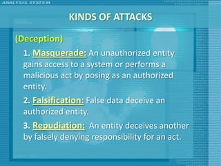 KINDS OF ATTACKS
(Deception)
  1. Masquerade: An unauthorized entity
  gains access to a system or performs a
  malicious act by posing as an authorized
  entity.
  2. Falsification: False data deceive an
  authorized entity.
  3. Repudiation: An entity deceives another
  by falsely denying responsibility for an act.
 