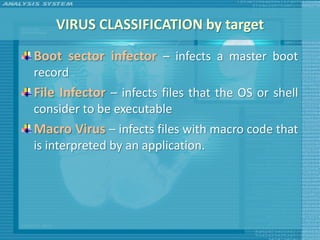 VIRUS CLASSIFICATION by target
Boot sector infector – infects a master boot
record
File Infector – infects files that the OS or shell
consider to be executable
Macro Virus – infects files with macro code that
is interpreted by an application.
 