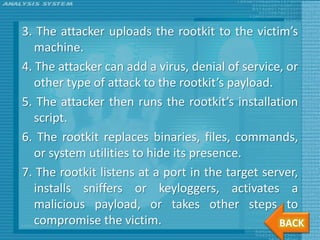 3. The attacker uploads the rootkit to the victim’s
   machine.
4. The attacker can add a virus, denial of service, or
   other type of attack to the rootkit’s payload.
5. The attacker then runs the rootkit’s installation
   script.
6. The rootkit replaces binaries, files, commands,
   or system utilities to hide its presence.
7. The rootkit listens at a port in the target server,
   installs sniffers or keyloggers, activates a
   malicious payload, or takes other steps to
   compromise the victim.                         BACK
 
