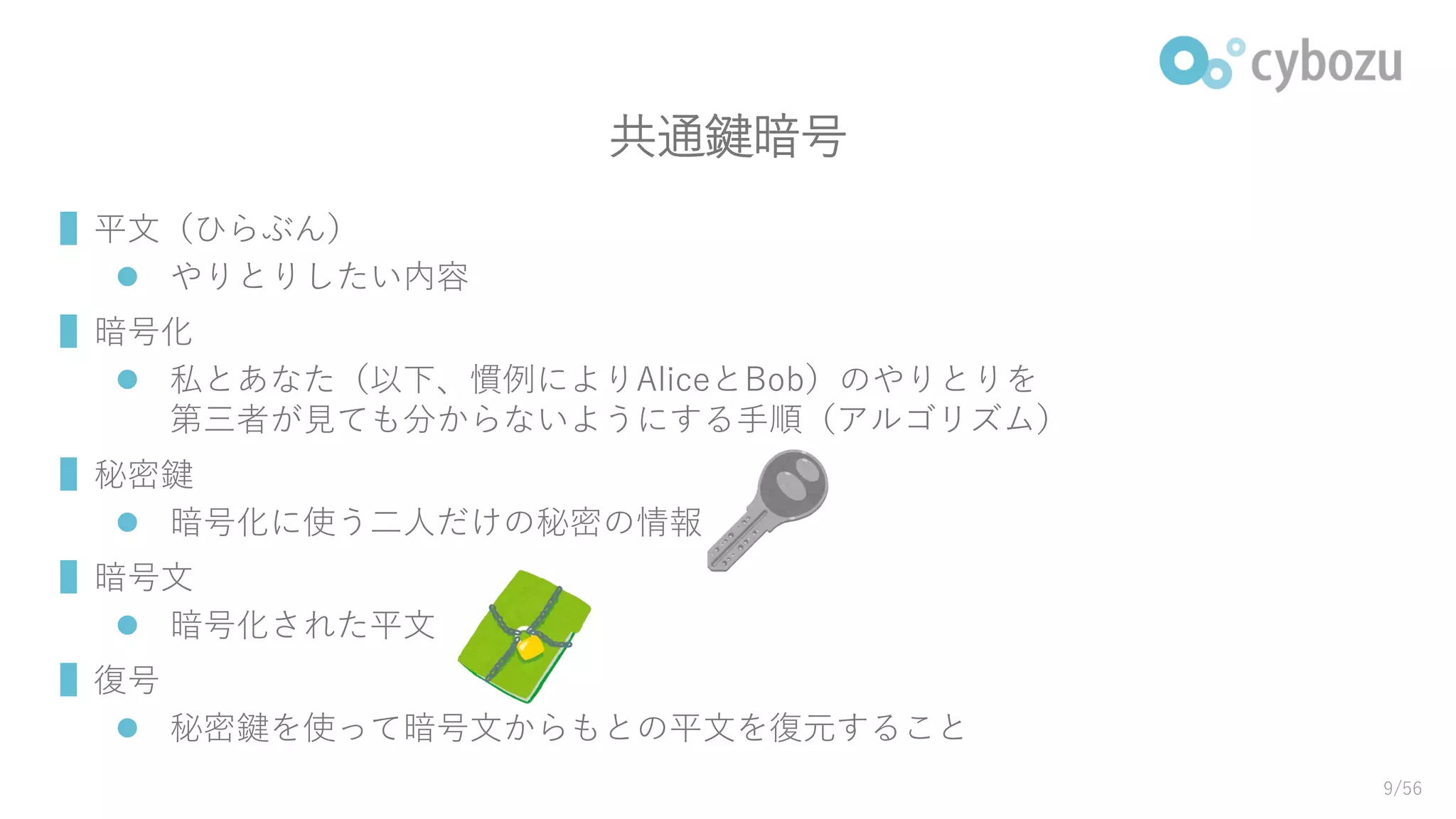 共通鍵暗号
▌平文（ひらぶん）
 やりとりしたい内容
▌暗号化
 私とあなた（以下、慣例によりAliceとBob）のやりとりを
第三者が見ても分からないようにする手順（アルゴリズム）
▌秘密鍵
 暗号化に使う二人だけの秘密の情報
▌暗号文
 暗号化された平文
▌復号
 秘密鍵を使って暗号文からもとの平文を復元すること
9/56
 