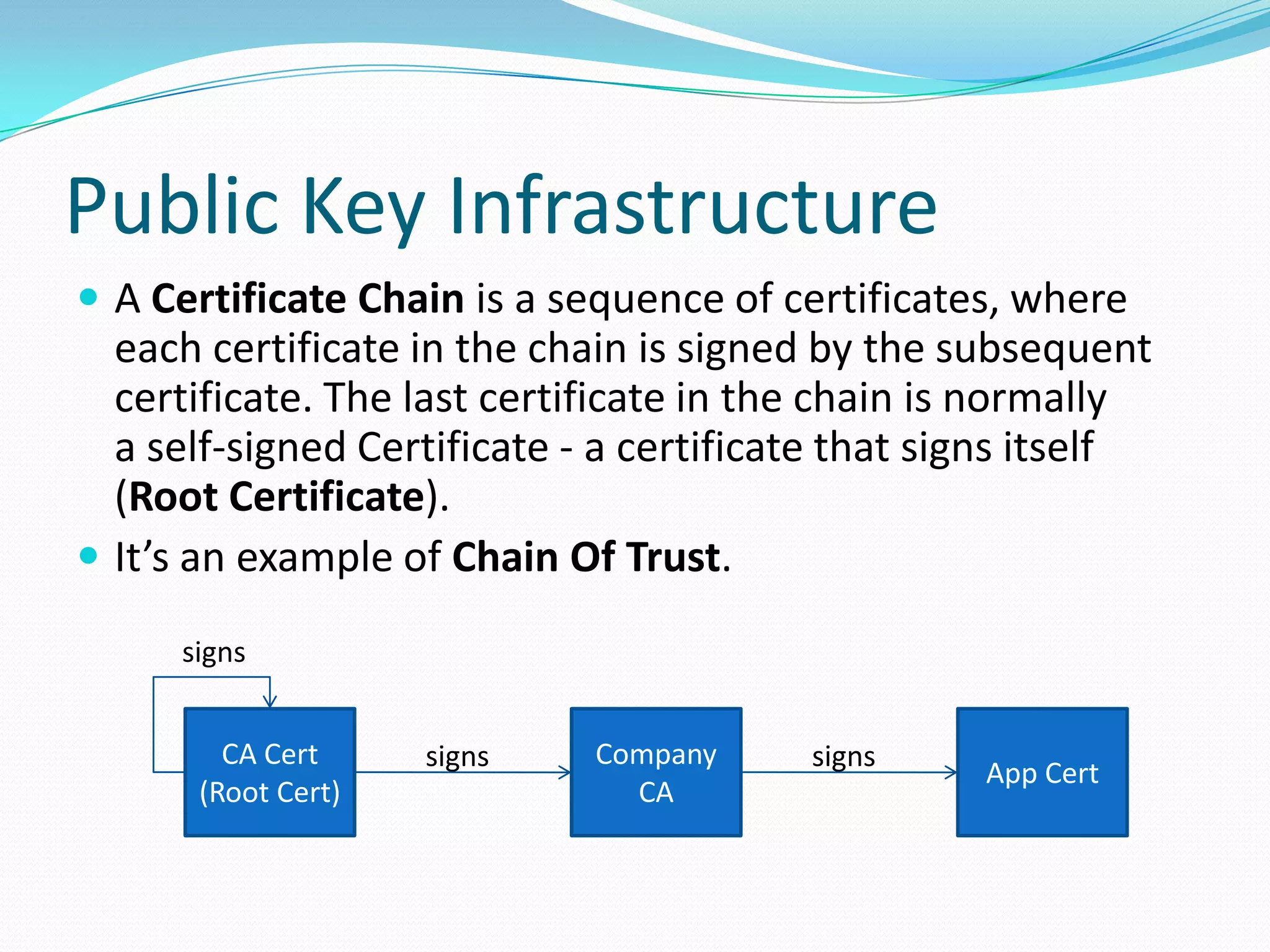 Public Key Infrastructure
 A Certificate Chain is a sequence of certificates, where
each certificate in the chain is signed by the subsequent
certificate. The last certificate in the chain is normally
a self-signed Certificate - a certificate that signs itself
(Root Certificate).
 It’s an example of Chain Of Trust.
CA Cert
(Root Cert)
signs
Company
CA
signs
App Cert
signs
 