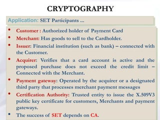 Application: SET Participants ...
NETWORK SECURITY
• Customer : Authorized holder of Payment Card
• Merchant: Has goods to sell to the Cardholder.
• Issuer: Financial institution (such as bank) – connected with
the Customer.
• Acquirer: Verifies that a card account is active and the
proposed purchase does not exceed the credit limit –
Connected with the Merchant.
• Payment gateway: Operated by the acquirer or a designated
third party that processes merchant payment messages
• Certification Authority: Trusted entity to issue the X.509V3
public key certificate for customers, Merchants and payment
gateways.
• The success of SET depends on CA.
CRYPTOGRAPHY
 
