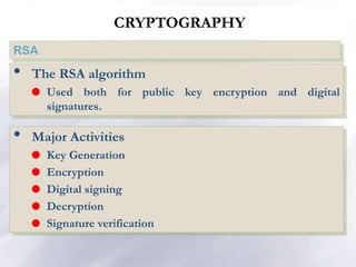 CRYPTOGRAPHY
RSA
• The RSA algorithm
 Used both for public key encryption and digital
signatures.
• Major Activities
 Key Generation
 Encryption
 Digital signing
 Decryption
 Signature verification
 