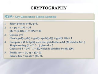 CRYPTOGRAPHY
RSA- Key Generation Simple Example
1. Select primes p=11, q=3.
2. n = pq = 11*3 = 33
phi = (p-1)(q-1) = 10*2 = 20
3. Choose e=3
Check gcd(e, phi) = gcd(e, (p-1)(q-1)) = gcd(3, 20) = 1
4. Compute d (1<d<phi) such that phi divides ed-1 (20 divides 3d-1.)
Simple testing (d = 2, 3 ...) gives d = 7
Check: ed-1 = 3*7 - 1 = 20, which is divisible by phi (20).
5. Public key = (n, e) = (33, 3)
Private key = (n, d) = (33, 7).
 