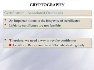 CRYPTOGRAPHY
Certification - Associated Overheads
• An important issue is the longevity of certificates
• Lifelong certificates are not feasible
• Therefore, we need a way to revoke certificates
 Certificate Revocation List (CRL) published regularly
 