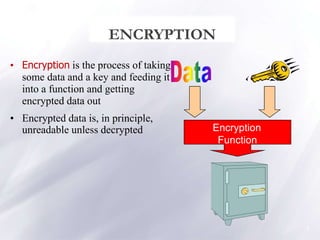 ENCRYPTION
• Encryption is the process of taking
some data and a key and feeding it
into a function and getting
encrypted data out
• Encrypted data is, in principle,
unreadable unless decrypted Encryption
Function
8
 