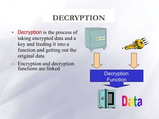 DECRYPTION
• Decryption is the process of
taking encrypted data and a
key and feeding it into a
function and getting out the
original data
– Encryption and decryption
functions are linked
Decryption
Function
9
 