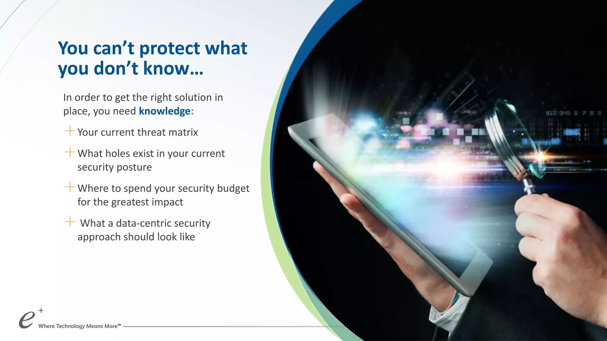 You can’t protect what
you don’t know…
In order to get the right solution in
place, you need knowledge:
＋Your current threat matrix
＋What holes exist in your current
security posture
＋Where to spend your security budget
for the greatest impact
＋ What a data-centric security
approach should look like
 