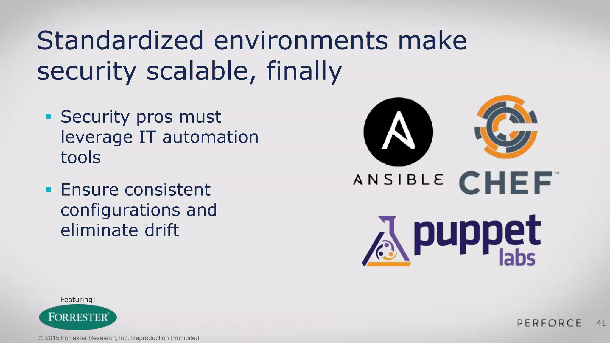 Featuring:
41
Standardized environments make
security scalable, finally
 Security pros must
leverage IT automation
tools
 Ensure consistent
configurations and
eliminate drift
© 2015 Forrester Research, Inc. Reproduction Prohibited
 