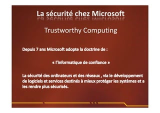 Trustworthy Computing 
La sécurité chez Microsoft 
 