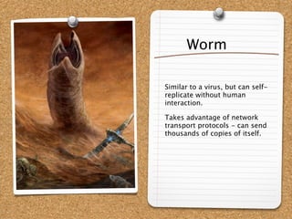 Worm

Similar to a virus, but can self-
replicate without human
interaction.

Takes advantage of network
transport protocols - can send
thousands of copies of itself.
 