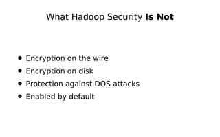 What Hadoop Security Is Not



• Encryption on the wire
• Encryption on disk
• Protection against DOS attacks
• Enabled by default
 