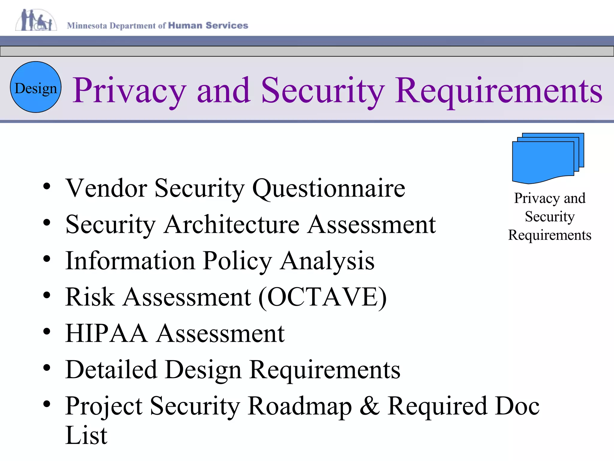 Privacy and Security Requirements Vendor Security Questionnaire Security Architecture Assessment Information Policy Analysis Risk Assessment (OCTAVE) HIPAA Assessment Detailed Design Requirements Project Security Roadmap & Required Doc List Design Privacy and Security Requirements 