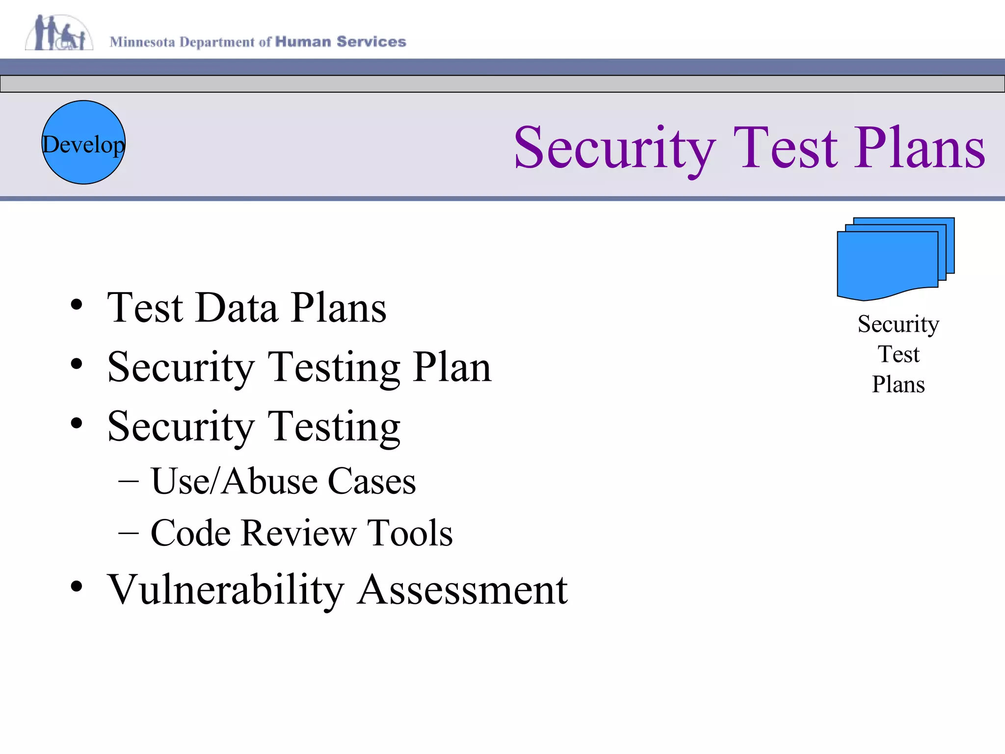 Security Test Plans Test Data Plans Security Testing Plan Security Testing Use/Abuse Cases Code Review Tools Vulnerability Assessment Develop Security Test Plans 