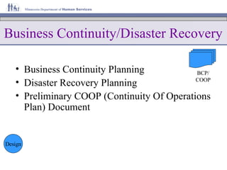 Business Continuity/Disaster Recovery Business Continuity Planning Disaster Recovery Planning Preliminary COOP (Continuity Of Operations Plan) Document Design BCP/ COOP 
