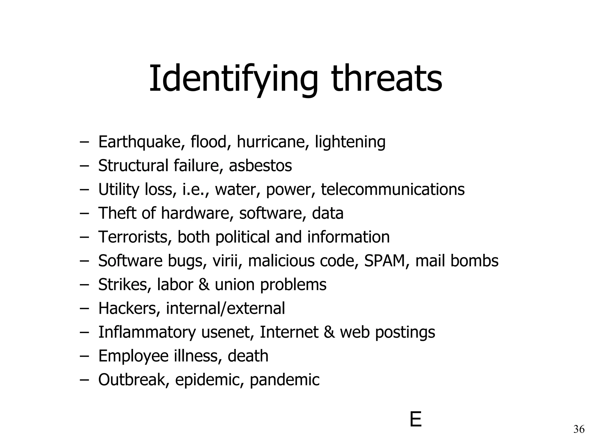 Identifying threats Earthquake, flood, hurricane, lightening Structural failure, asbestos Utility loss, i.e., water, power, telecommunications Theft of hardware, software, data Terrorists, both political and information Software bugs, virii, malicious code, SPAM, mail bombs Strikes, labor & union problems Hackers, internal/external Inflammatory usenet, Internet & web postings Employee illness, death  Outbreak, epidemic, pandemic 