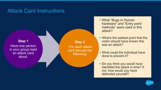 Attack Card Instructions
Step 1
Have one person
in your group read
an attack card
aloud.
• What “Bugs in Human
hardware” and “Entry point
methods” were used in this
attack?
• What's the earliest point that the
victim should have known this
was an attack?
• What could the individual have
done to prevent it?
• Do you think you would have
identified the attack in time? If
not, how would you have
defended yourself?
Step 2
For each attack
card discuss the
following:
 