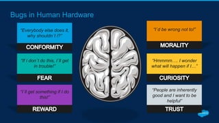 Bugs in Human Hardware
“Everybody else does it,
why shouldn´t I?”
“People are inherently
good and I want to be
helpful”
“Hmmmm…. I wonder
what will happen if I…”
“I´d be wrong not to!”
“If I don´t do this, I´ll get
in trouble!”
“I´ll get something if I do
this!”
 