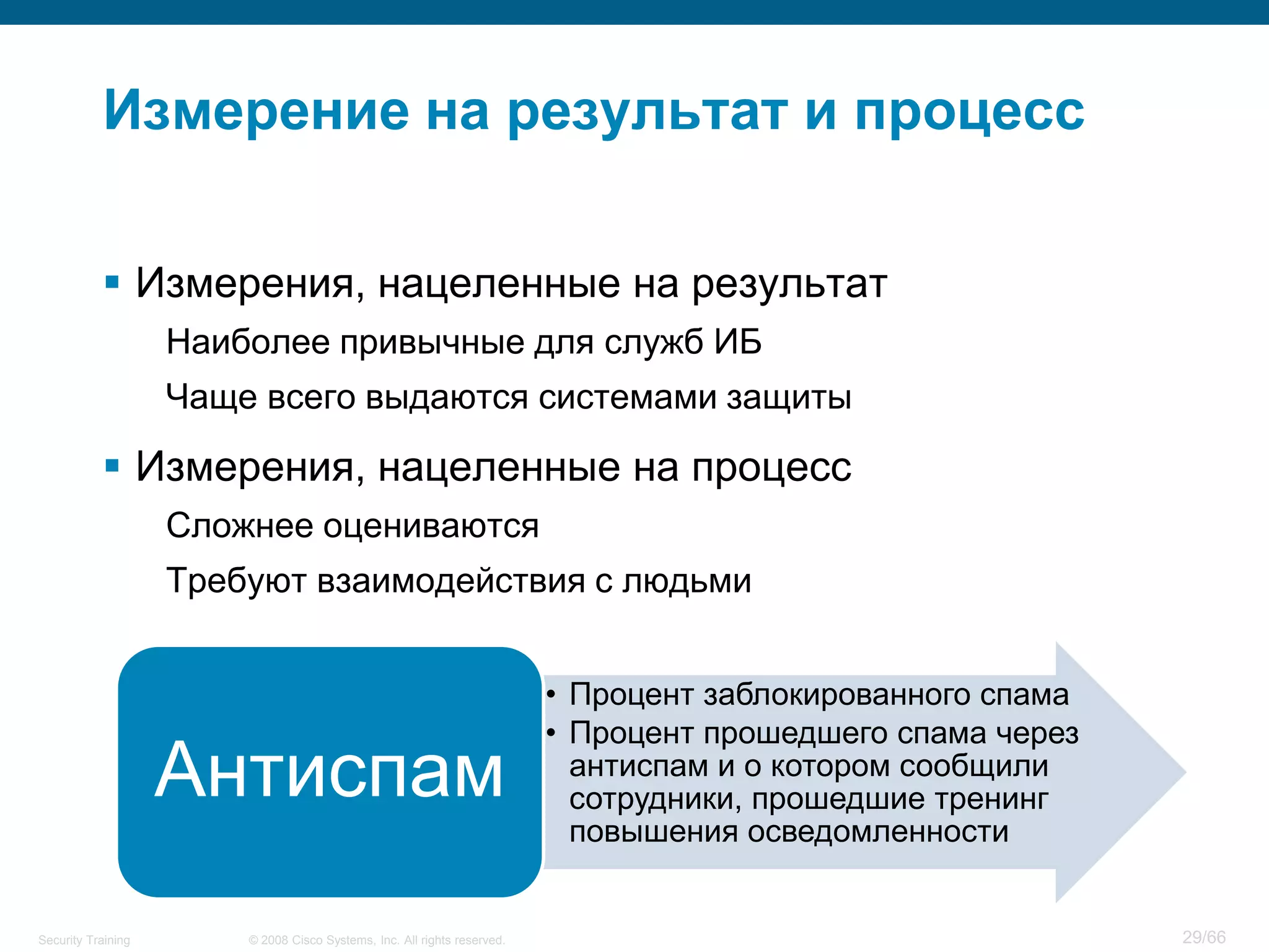 Измерение на результат и процесс

            Измерения, нацеленные на результат
                    Наиболее привычные для служб ИБ
                    Чаще всего выдаются системами защиты

            Измерения, нацеленные на процесс
                    Сложнее оцениваются
                    Требуют взаимодействия с людьми


                                                                          • Процент заблокированного спама
                                                                          • Процент прошедшего спама через
                    Антиспам                                                антиспам и о котором сообщили
                                                                            сотрудники, прошедшие тренинг
                                                                            повышения осведомленности


Security Training       © 2008 Cisco Systems, Inc. All rights reserved.                                      29/66
 