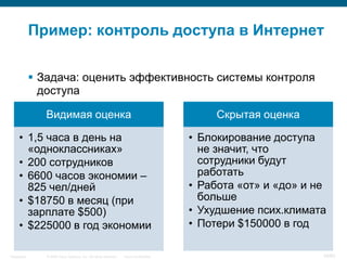 © 2006 Cisco Systems, Inc. All rights reserved. Cisco ConfidentialSingapore 39/65
Пример: контроль доступа в Интернет
 Задача: оценить эффективность системы контроля
доступа
Видимая оценка
• 1,5 часа в день на
«одноклассниках»
• 200 сотрудников
• 6600 часов экономии –
825 чел/дней
• $18750 в месяц (при
зарплате $500)
• $225000 в год экономии
Скрытая оценка
• Блокирование доступа
не значит, что
сотрудники будут
работать
• Работа «от» и «до» и не
больше
• Ухудшение псих.климата
• Потери $150000 в год
 