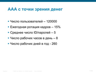 © 2006 Cisco Systems, Inc. All rights reserved. Cisco ConfidentialSingapore 47/65
AAA с точки зрения денег
 Число пользователей – 120000
 Ежегодная ротация кадров – 15%
 Среднее число ID/паролей – 5
 Число рабочих часов в день – 8
 Число рабочих дней в год - 260
 