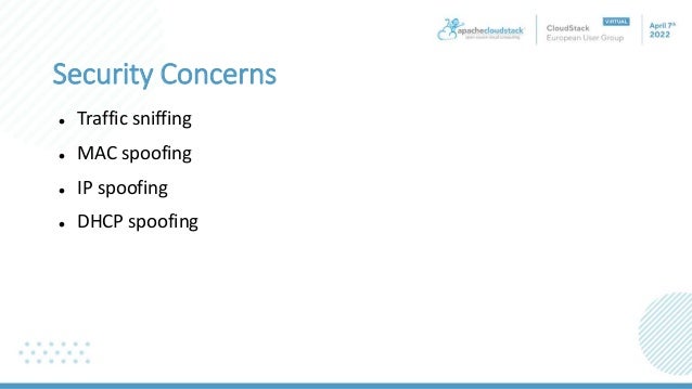 Security Concerns
 Traffic sniffing
 MAC spoofing
 IP spoofing
 DHCP spoofing
 