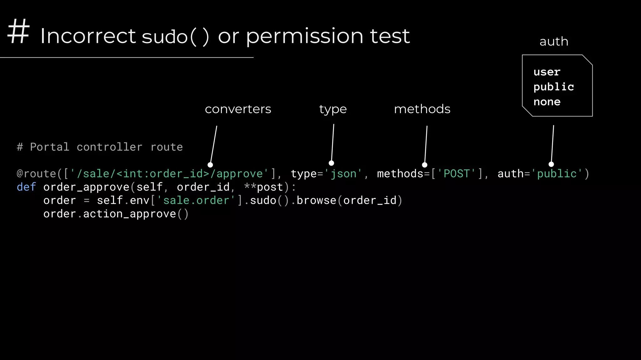 # Incorrect sudo() or permission test
# Portal controller route
@route(['/sale/<int:order_id>/approve'], type='json', methods=['POST'], auth='public')
def order_approve(self, order_id, **post):
order = self.env['sale.order'].sudo().browse(order_id)
order.action_approve()
user
public
none
converters type methods
auth
 