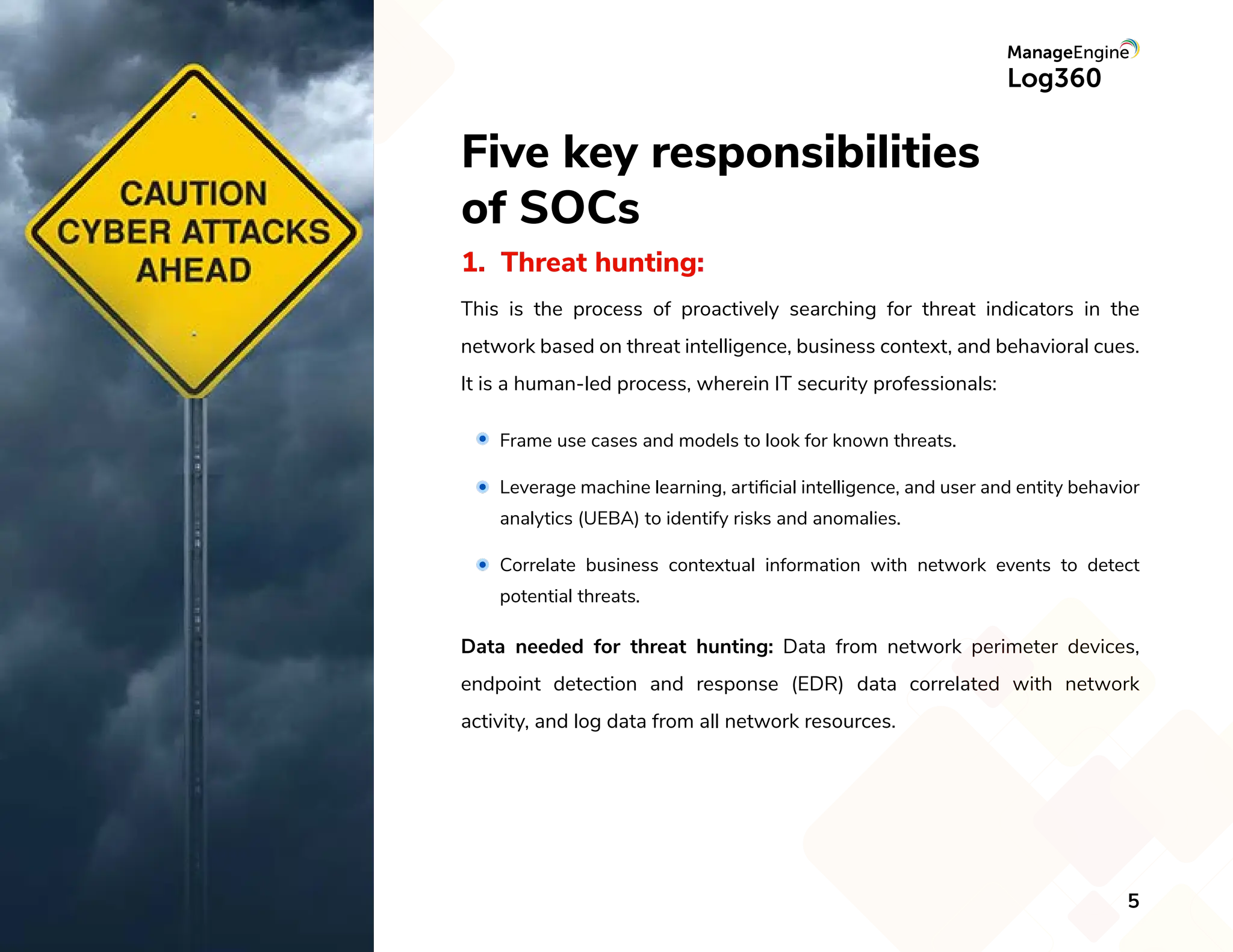 Five key responsibilities
of SOCs
1. Threat hunting:
This is the process of proactively searching for threat indicators in the
network based on threat intelligence, business context, and behavioral cues.
It is a human-led process, wherein IT security professionals:
Data needed for threat hunting: Data from network perimeter devices,
endpoint detection and response (EDR) data correlated with network
activity, and log data from all network resources.
Frame use cases and models to look for known threats.
Leverage machine learning, artiﬁcial intelligence, and user and entity behavior
analytics (UEBA) to identify risks and anomalies.
Correlate business contextual information with network events to detect
potential threats.
5
 