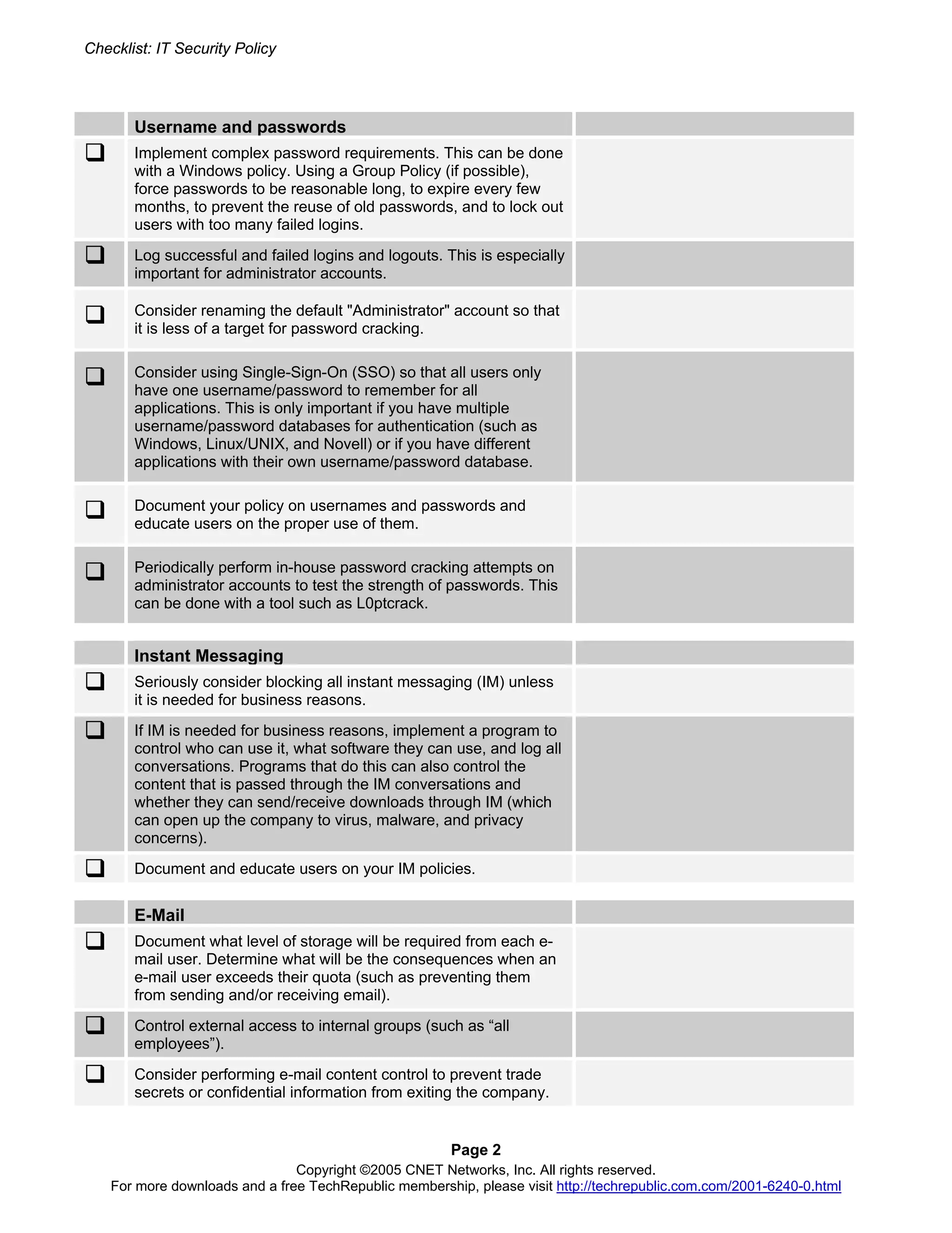 Security Policy Checklist