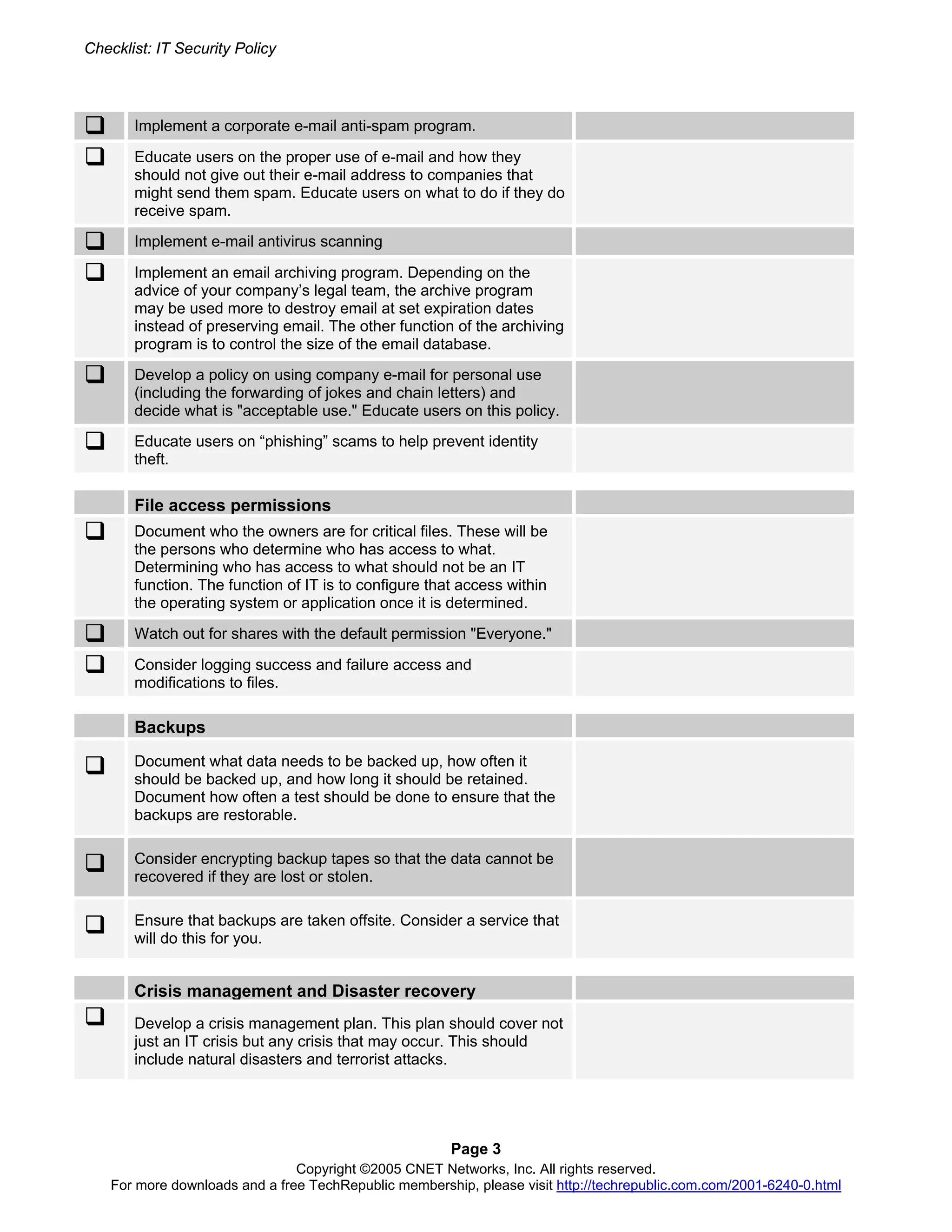 Security Policy Checklist