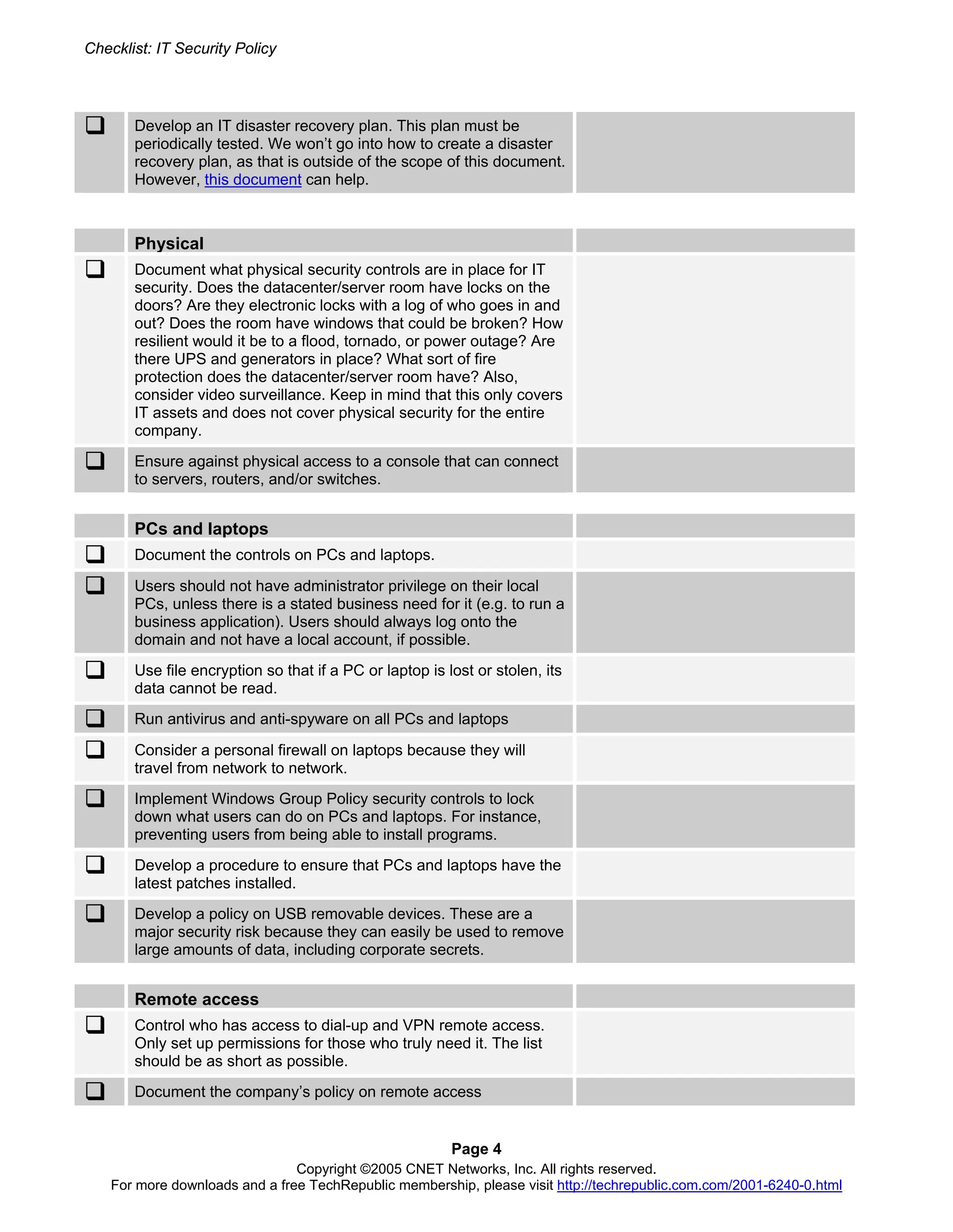 Security Policy Checklist