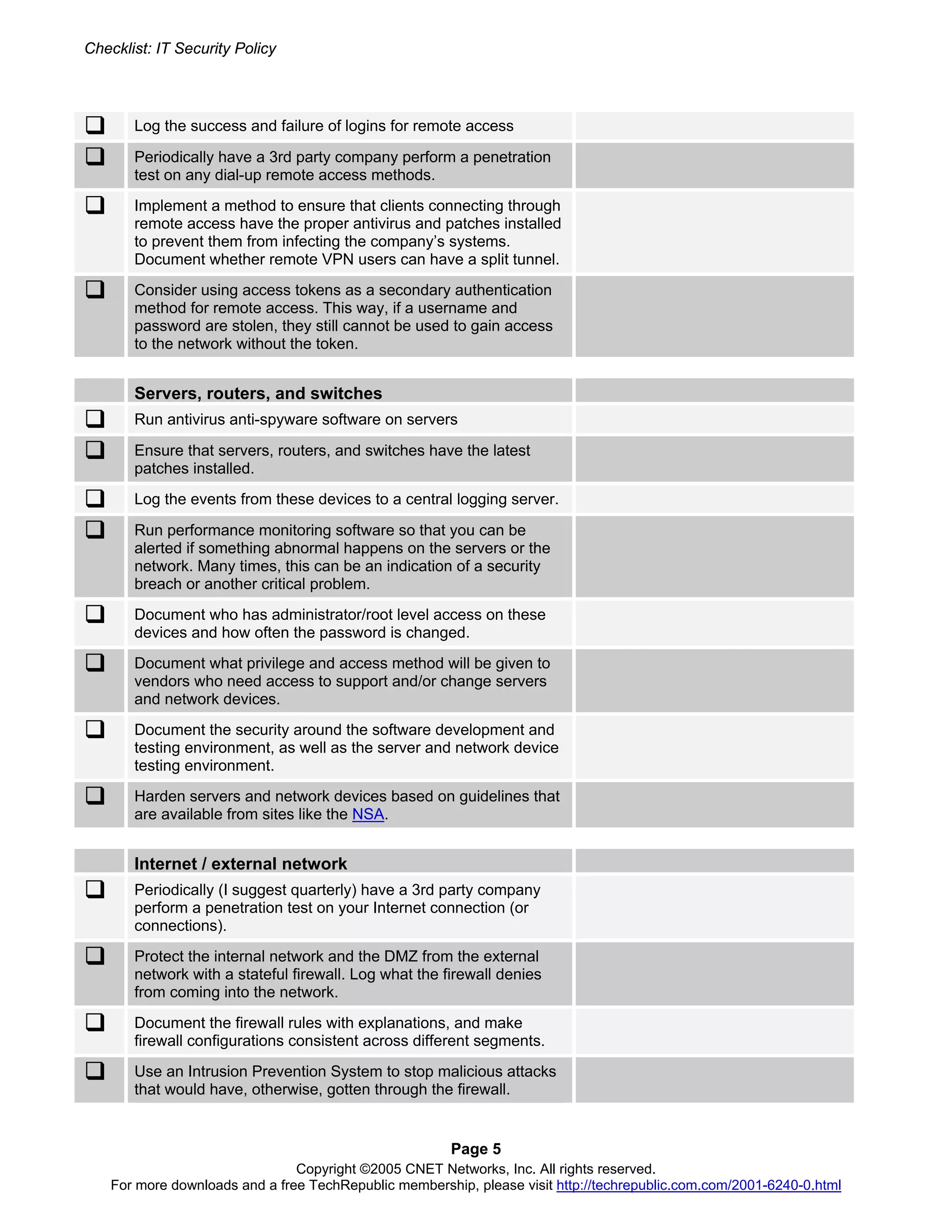 Security Policy Checklist