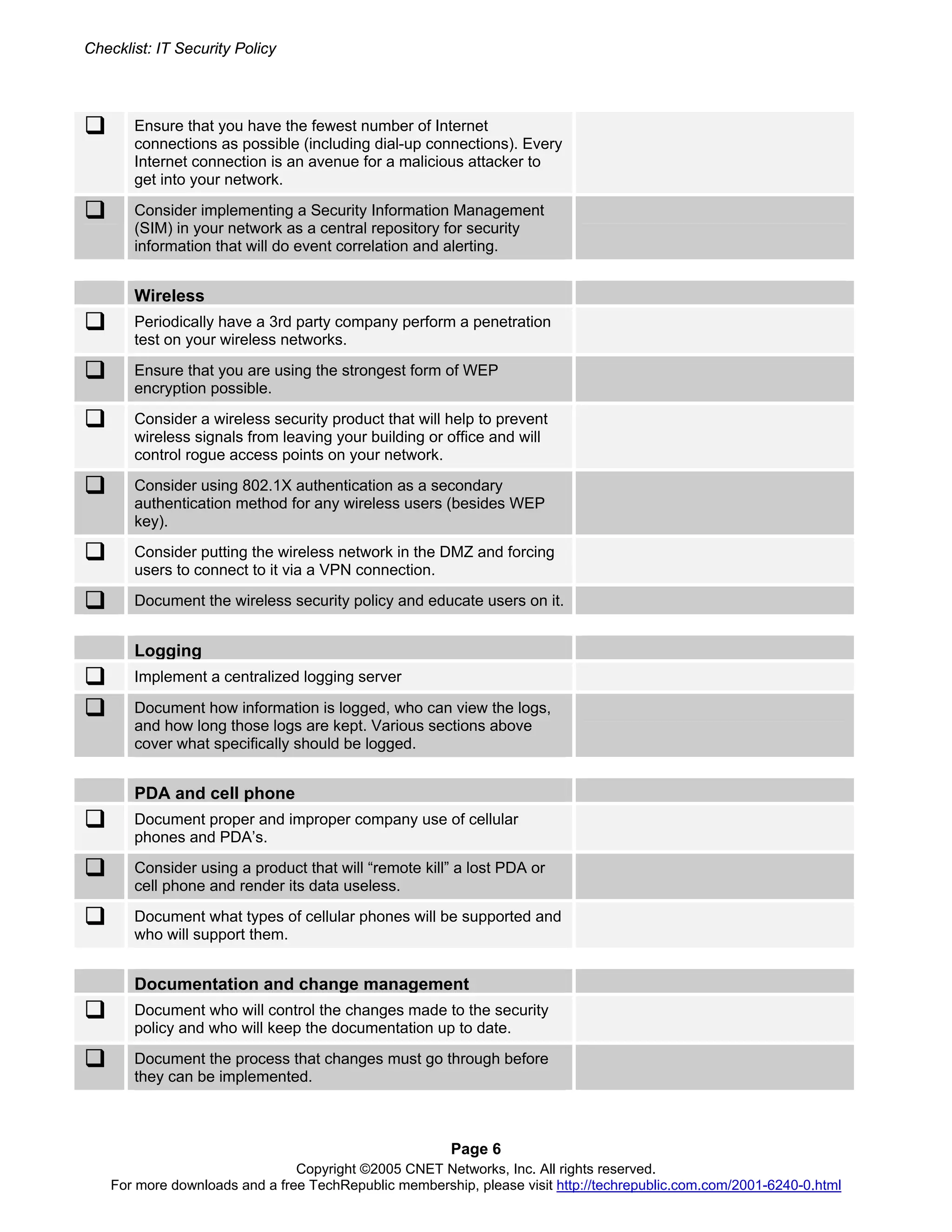 Security Policy Checklist