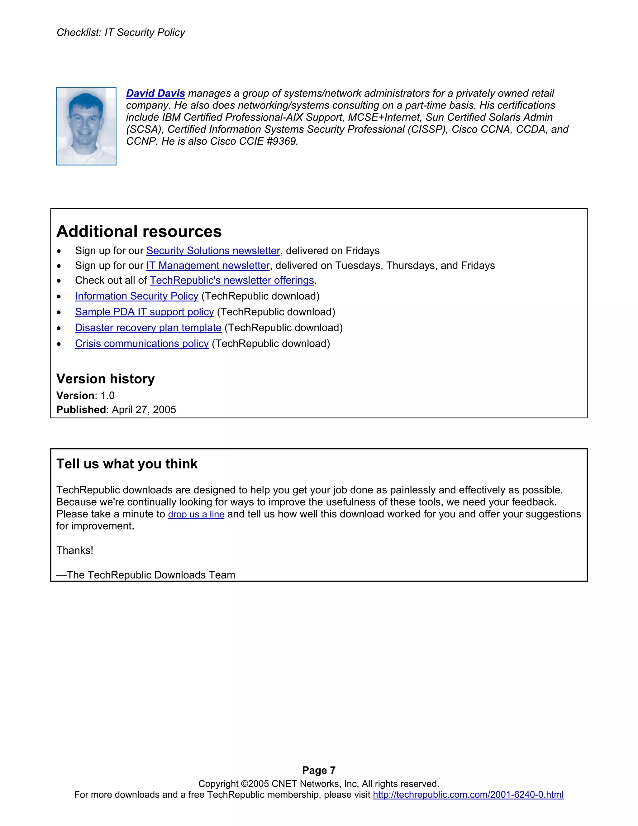 Security Policy Checklist