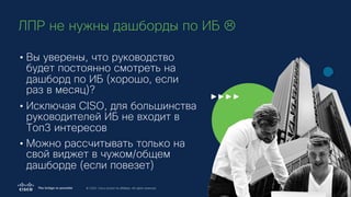 © 2020 Cisco and/or its affiliates. All rights reserved.
ЛПР не нужны дашборды по ИБ L
• Вы уверены, что руководство
будет...