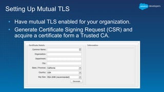 Setting Up Mutual TLS
• Have mutual TLS enabled for your organization.
• Generate Certificate Signing Request (CSR) and
acquire a certificate form a Trusted CA.
 