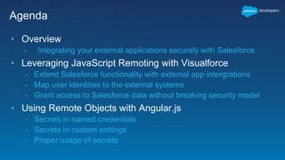 Agenda
• Overview
- Integrating your external applications securely with Salesforce
• Leveraging JavaScript Remoting with Visualforce
- Extend Salesforce functionality with external app intergrations
- Map user identities to the external systems
- Grant access to Salesforce data without breaking security model
• Using Remote Objects with Angular.js
- Secrets in named credentials
- Secrets in custom settings
- Proper usage of secrets
 