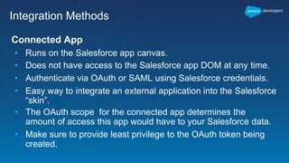 Integration Methods
Connected App
• Runs on the Salesforce app canvas.
• Does not have access to the Salesforce app DOM at any time.
• Authenticate via OAuth or SAML using Salesforce credentials.
• Easy way to integrate an external application into the Salesforce
“skin”.
• The OAuth scope for the connected app determines the
amount of access this app would have to your Salesforce data.
• Make sure to provide least privilege to the OAuth token being
created.
 
